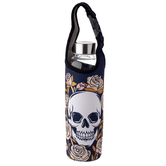 Reusable 500ml Glass Water Bottle with Protective Neoprene Sleeve - Skulls & Roses