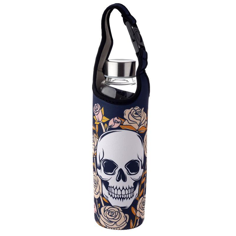 Reusable 500ml Glass Water Bottle with Protective Neoprene Sleeve - Skulls & Roses - DuvetDay.co.uk