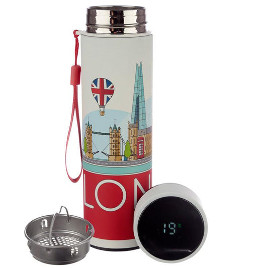 Reusable Stainless Steel Hot & Cold Insulated Drinks Bottle Digital Thermometer - London Icons - DuvetDay.co.uk