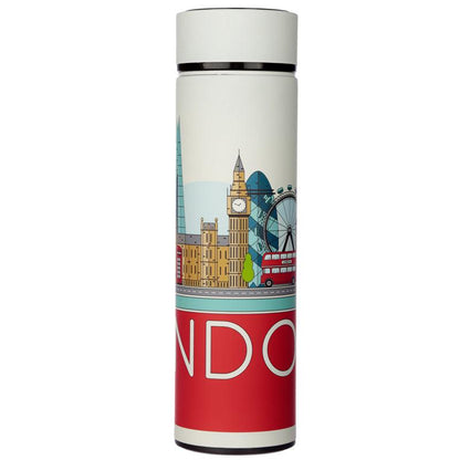 Reusable Stainless Steel Hot & Cold Insulated Drinks Bottle Digital Thermometer - London Icons - DuvetDay.co.uk