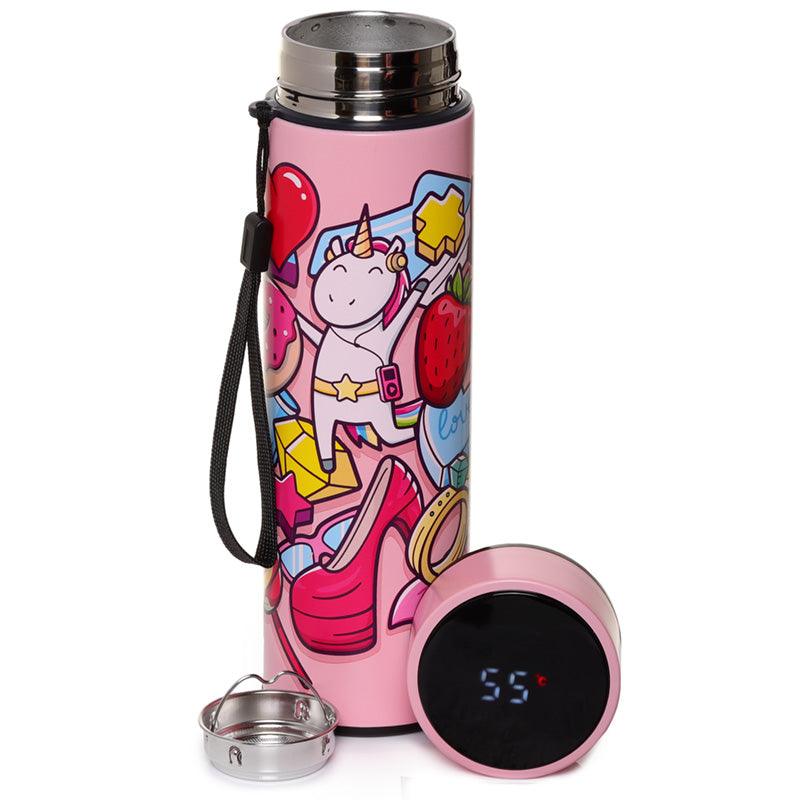 Reusable Stainless Steel Hot & Cold Insulated Drinks Bottle Digital Thermometer - Sweet Teens Unicorn - DuvetDay.co.uk
