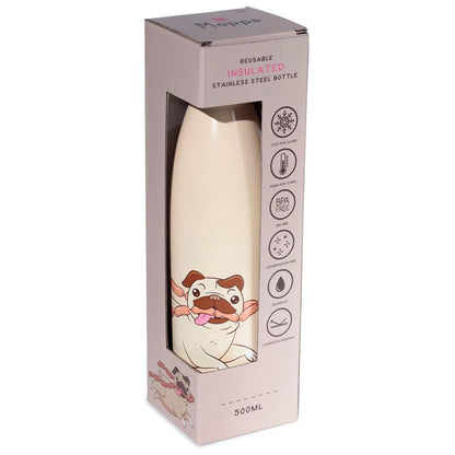 Reusable Stainless Steel Insulated Drinks Bottle 500ml - Mopps Pug - DuvetDay.co.uk