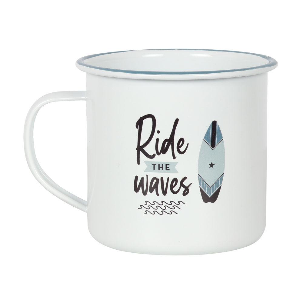 Ride The Waves Enamel Mug, Surfer Gift - DuvetDay.co.uk