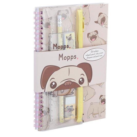 Ring Bound Notepad & Pencil Case 6 Piece Stationery Set - Mopps Pug