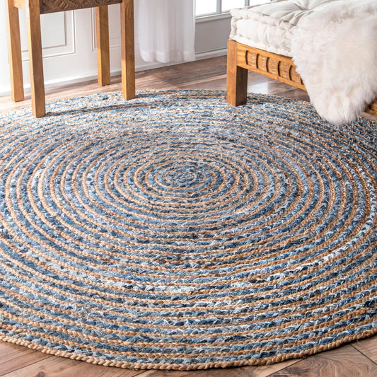 Round Jute and Recycled Denim Rug - 90 cm - DuvetDay.co.uk