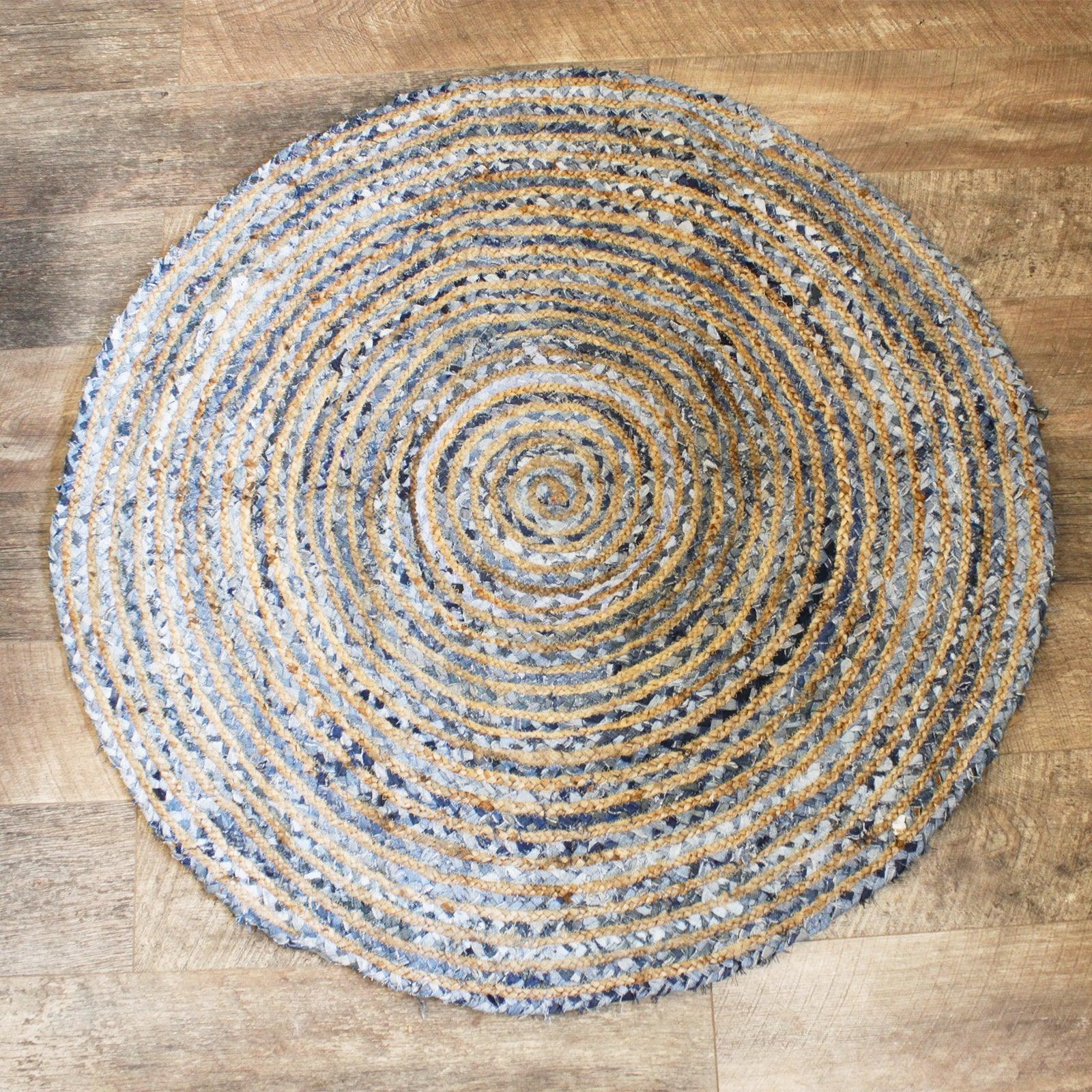 Round Jute and Recycles Denim Rug - 120 cm - DuvetDay.co.uk