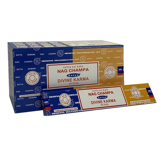 Set of 12 Packets of Combo Satya Incense - Nag Champa Divine Karma - DuvetDay.co.uk