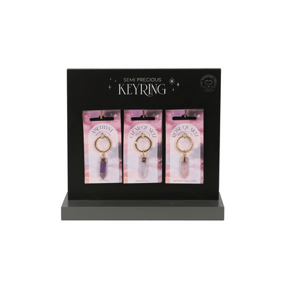 Set of 18 Semi Precious Crystal Keyrings on Display - DuvetDay.co.uk