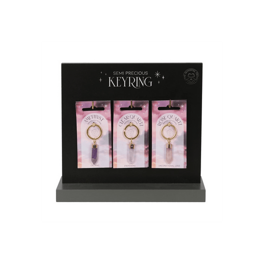 Set of 18 Semi Precious Crystal Keyrings on Display - DuvetDay.co.uk