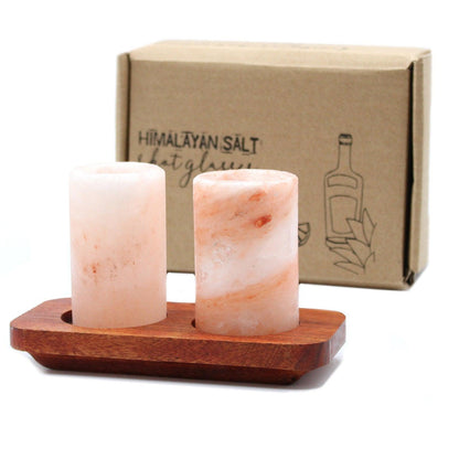 Set of 2 Himalayan Salt Shot Glasses & Wood Serving Stand - DuvetDay.co.uk