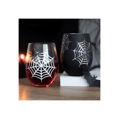 Set of 2 Spider and Web Stemless Wine Glasses