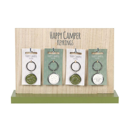 Set of 24 Happy Camper Keyrings on Display - DuvetDay.co.uk