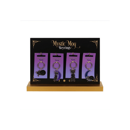 Set of 24 Mystic Mog Cat Keyrings on Display - DuvetDay.co.uk
