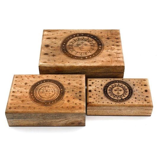 Set of 3 Sun and Moon Mango Wood Boxes - DuvetDay.co.uk