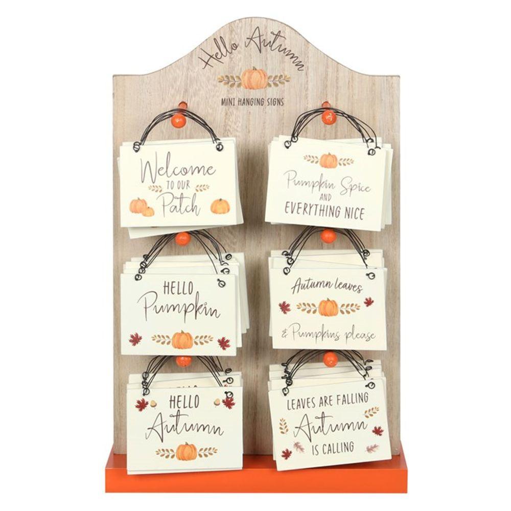 Set of 30 Hello Autumn Mini Hanging Signs on a Display - DuvetDay.co.uk