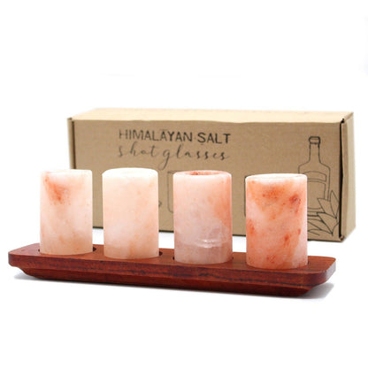 Set of 4 Himalayan Salt Shot Glasses & Wood Serving Stand - DuvetDay.co.uk