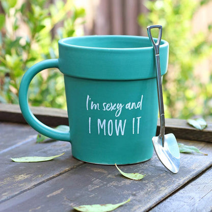 Sexy and I Mow It Pot Gardeners Mug and Shovel Spoon - DuvetDay.co.uk