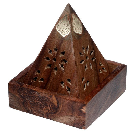 Sheesham Wood Pyramid Incense Cone Burner Box with Buddha & Fretwork - DuvetDay.co.uk