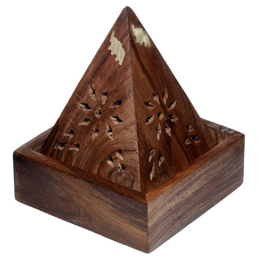 Sheesham Wood Pyramid Incense Cone Burner Box with Elephant - DuvetDay.co.uk