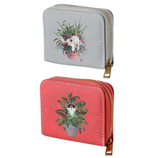 Small Zip Around Wallet - Kim Haskins Cats in Plant Pot - DuvetDay.co.uk