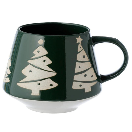 Stoneware Mug Green Glaze Relief - Christmas Tree - DuvetDay.co.uk