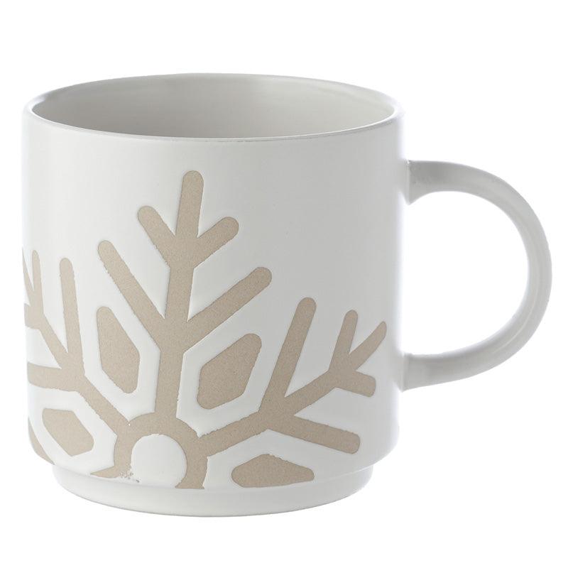 Stoneware Mug White Glaze Relief - Snowflake - DuvetDay.co.uk