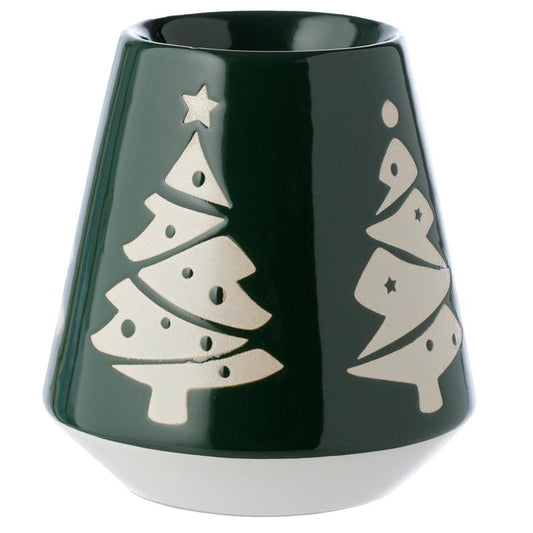 Stoneware Oil Burner - Christmas Tree Green Glaze Relief - DuvetDay.co.uk