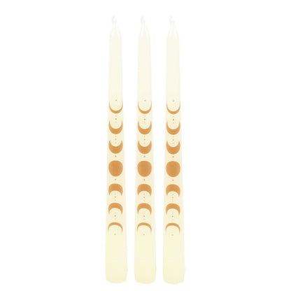 Set of 3 Off White Moon Phases Taper Dinner Candles - DuvetDay.co.uk