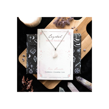 Rose Quartz Crystal Moon Necklace on Greeting Card