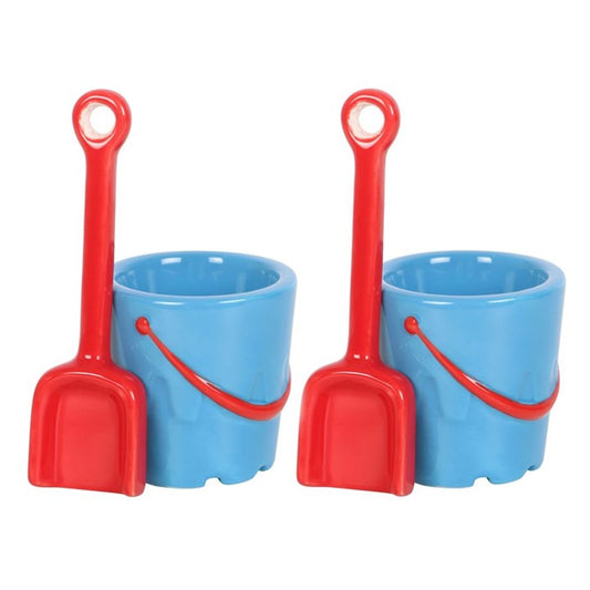 Set of 2 Bucket Shaped Ceramic Egg Cups with Spade Spoons - DuvetDay.co.uk