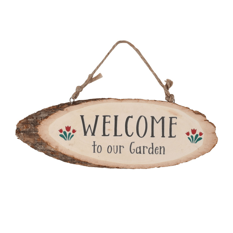 Welcome To Our Garden Wood Slice Hanging Sign - DuvetDay.co.uk