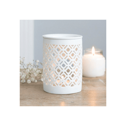 White Matte Lattice Cut Oil Burner - DuvetDay.co.uk