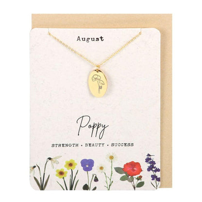 August Poppy Birth Flower Necklace Card - DuvetDay.co.uk