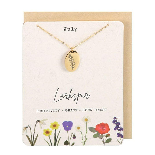 July Larkspur Birth Flower Necklace Card - DuvetDay.co.uk