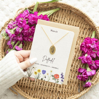 March Daffodil Birth Flower Necklace Card - DuvetDay.co.uk