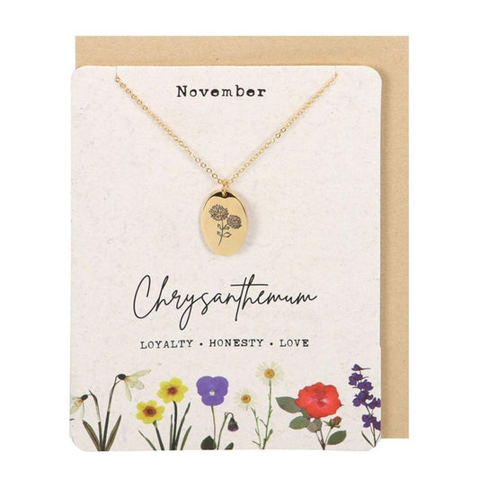 November Chrysanthemum Birth Flower Necklace Card - DuvetDay.co.uk