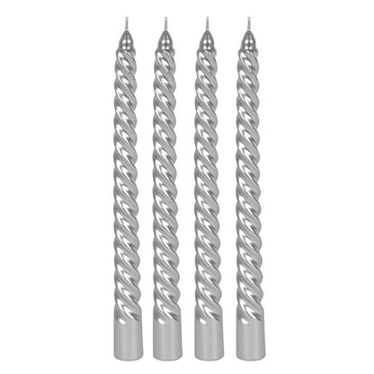 Pack of 4 Silver Twist Taper Candles - DuvetDay.co.uk