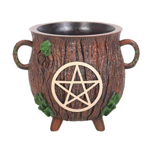Pentagram Bark Effect Resin Cauldron Plant Pot - DuvetDay.co.uk