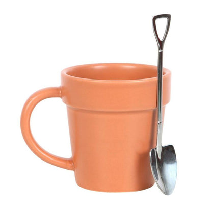 Plain Plant Pot Ceramic Mug and Shovel Spoon - DuvetDay.co.uk
